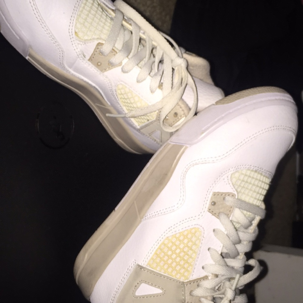 White tan and Blue Jordans